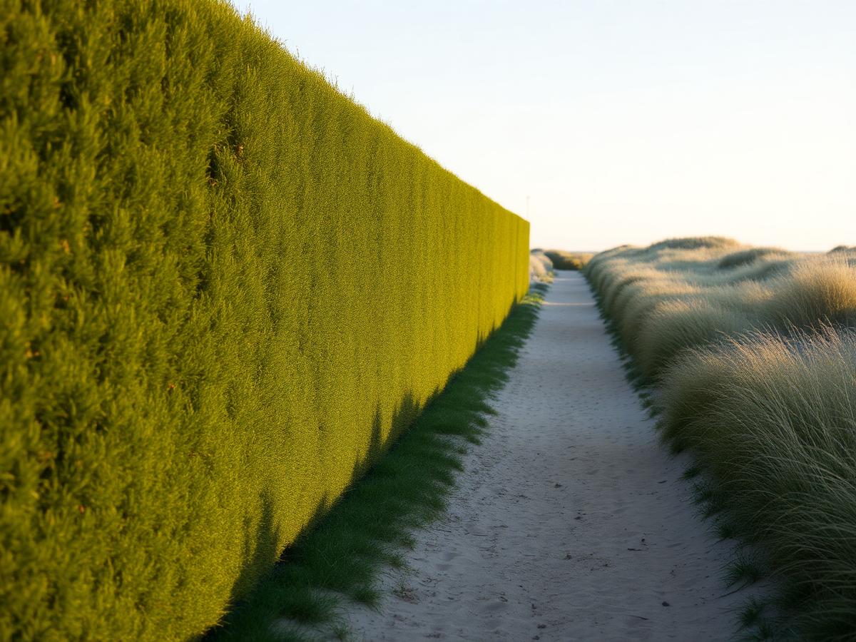 Sauber geschnittene Hecke entlang eines Sandwegs in den Dünen